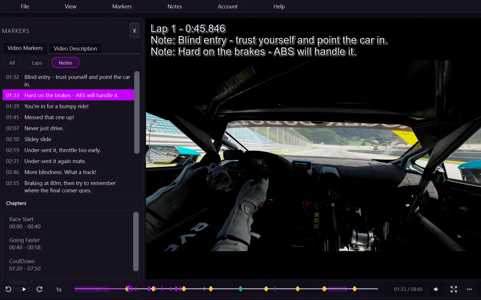 The LapInsight Player: timestamped notes pinned to a GT car
                 onboard, with each note jumped to from the notes list.